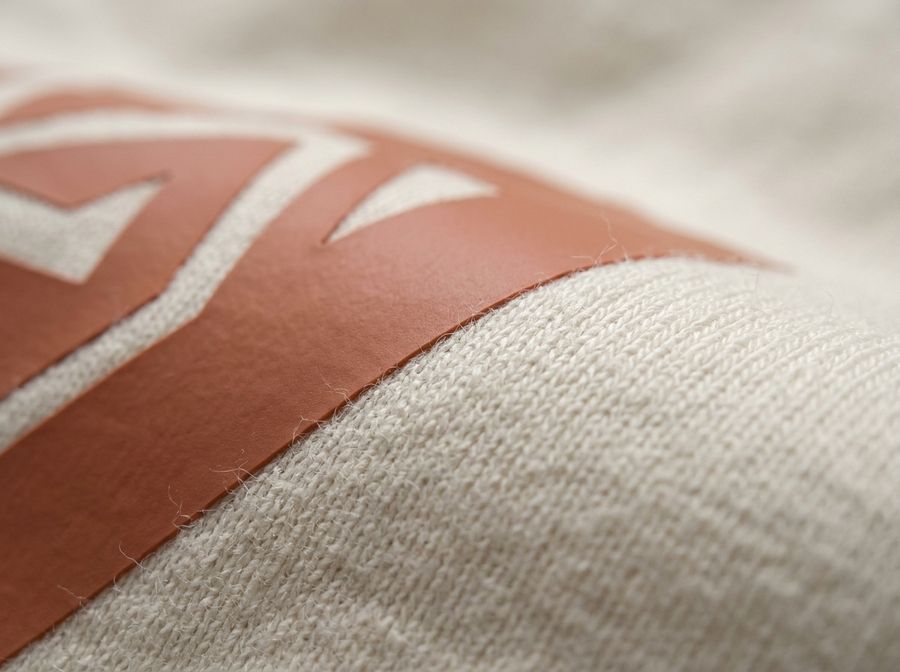 Close de estampa DTF terracota sobre tecido off-white