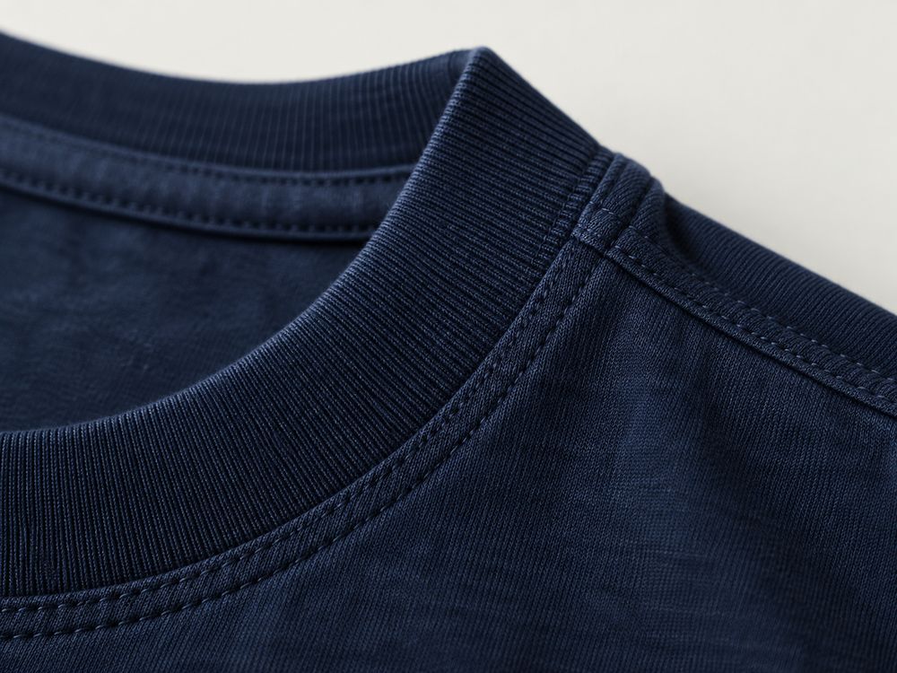 Close da gola ribana de uma camiseta azul-marinho com costura reforçada no ombro