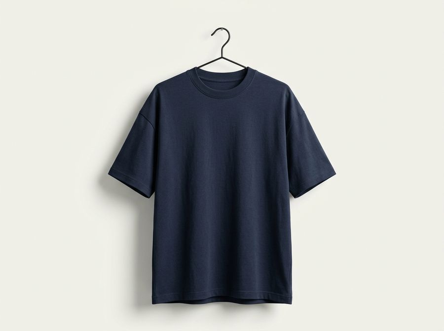 Camiseta azul-marinho de corte oversized pendurada em cabide preto