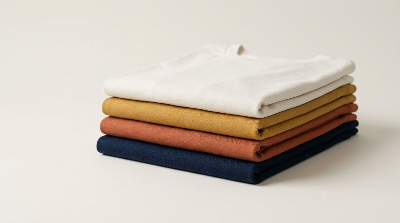 Pilha de camisetas dobradas em off-white, dourado, terracota e azul-marinho