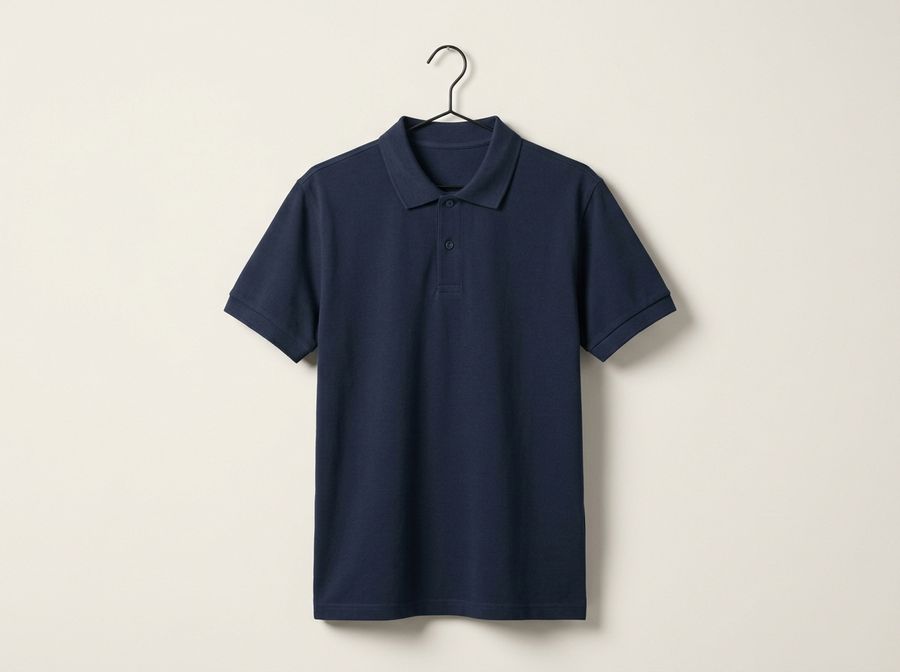 Camisa polo azul-marinho em piquê, unissex, pendurada em cabide preto