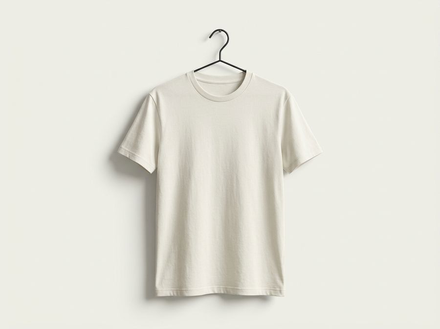 Camiseta off-white de corte regular pendurada em cabide preto